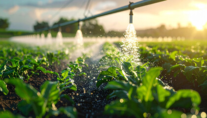 Irrigation of Crops: An automated irrigation system sprays water over rows of vibrant, green crops, set against a backdrop of a warm, setting sun.