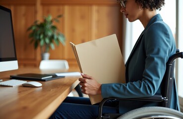Woman in wheelchair reading a document at a desk in an office setting