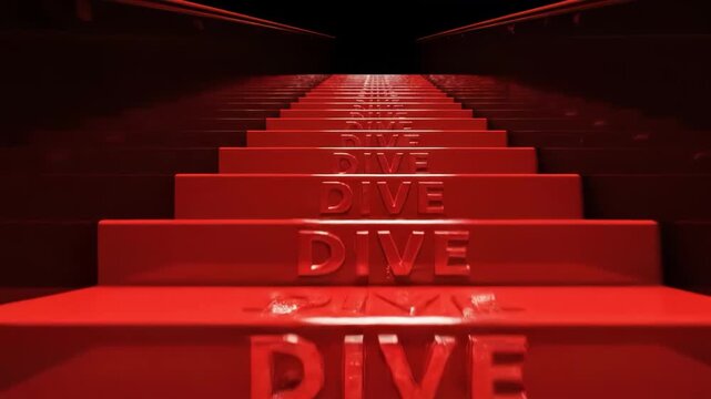 Red staircase with the word dive repeated on each step in a dark setting
