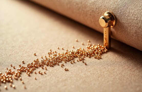 Golden pushpin securing a string of tiny golden beads on a beige fabric surface with copyspace