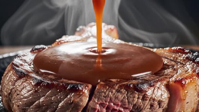 A cinematic close-up of thick sauce being slowly poured over a hot steak. The glossy sheen of the sauce and the detailed texture of the meat create a rich, appetizing look. Soft steam rises naturally 