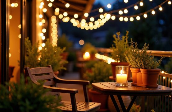 Cozy outdoor balcony decorated with string lights and potted plants at night