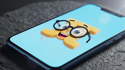 A smartphone displays a cartoon pi symbol with glasses on a blue background - Powered by Adobe