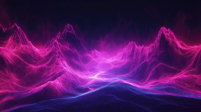 Abstract digital mountains glowing with neon colors