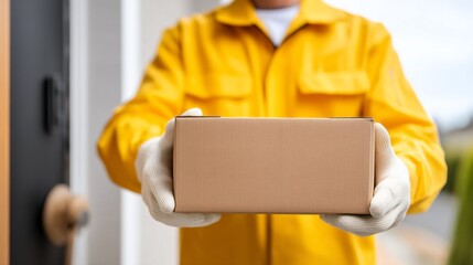 A delivery person dressed in a yellow uniform and gloves offers a cardboard package to a recipient at a home entrance. The sun shines brightly, creating a warm and inviting scene