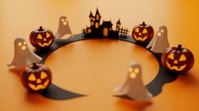 Halloween-themed arrangement featuring glowing jack-o'-lanterns, ghost figures, and a haunted house silhouette on an orange background