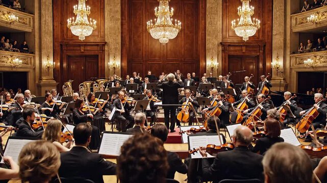 A symphony orchestra performing a classical music concert in a grand hall. A conductor directs musicians on stage in front of an audience. Live arts and culture event