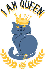 A blue cat wearing a golden crown with the words 
