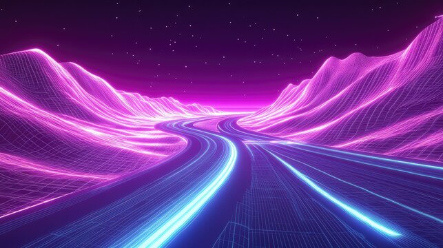 Neon glowing highway through digital wireframe mountains - Powered by Adobe