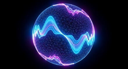 A captivating sphere of energy, pulsating with vibrant blue and pink waves, creates a mesmerizing display against the stark black backdrop