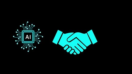 AI, Business, finance and black background. Business handshake, businessman shaking hand double exposure with office buildings and smart city, successful deal of global business - Powered by Adobe