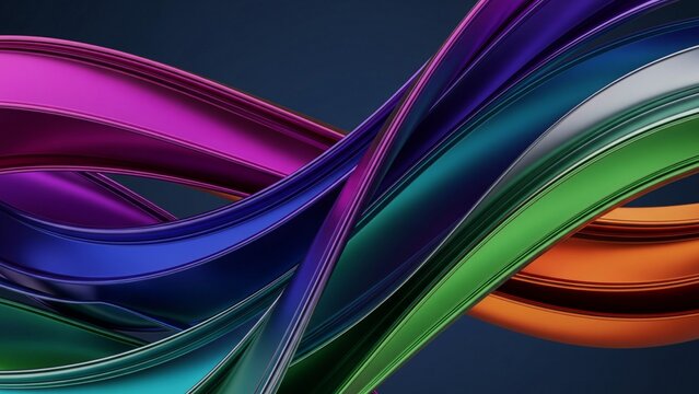 Intertwined, glossy metallic ribbons in a rich spectrum of magenta, indigo, emerald, and orange, forming an elegant, flowing abstract composition.