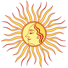 Stylized sun with a human face and rays
