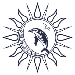 Stylized dolphin leaping in sun and moon emblem