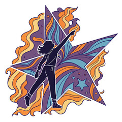 Silhouette of a person reaching for a stylized starburst with vibrant wavy patterns