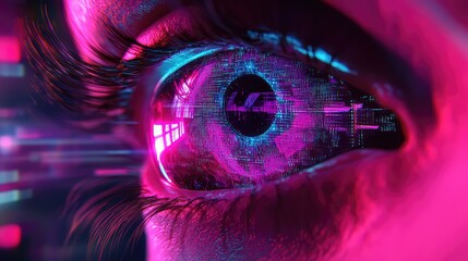 Human eye perceiving digital data and futuristic technology