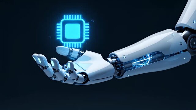 Bionic arm holding glowing AI chip over dark background