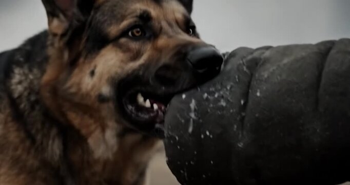 German Shepherd's powerful bite on protection sleeve. Dog, sport, control.
