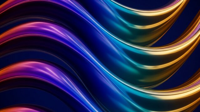 Dynamic, glowing waves of liquid metal in vibrant purple, blue, teal, and gold, creating a hypnotic, abstract motion against a dark background. - Powered by Adobe