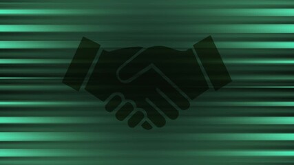 Business, finance and green background. Business handshake, businessman shaking hand double exposure with office buildings and smart city, successful deal of global business