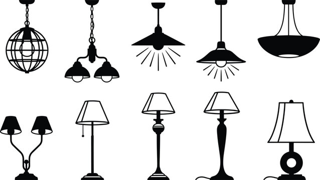 Set of modern pendant and table lamp silhouette icons, decorative home lighting vector elements, minimalist black design artwork for CAD drawing, contemporary interior decor illustration collection
