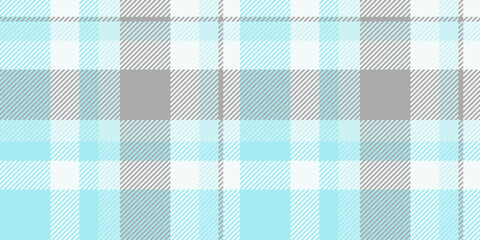 Cell tartan background vector, slim textile fabric texture. Size plaid seamless check pattern in white and cyan colors.