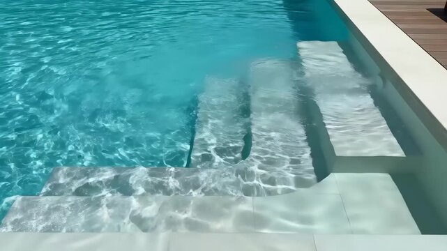 Turquoise dreams Serene pool steps beckon relaxation in summer light.