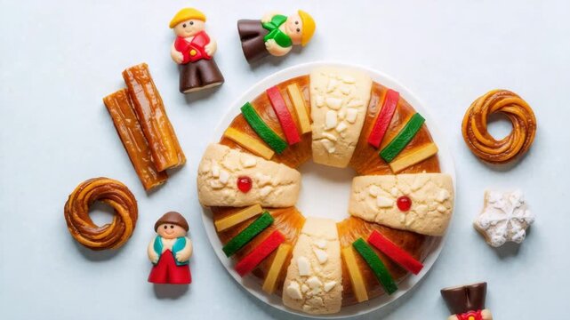 A traditional Rosca de Reyes cake rotating in a flat lay composition. Top-down view of festive Mexican sweet bread with churros for the Epiphany holiday. Three Kings Day celebration concept