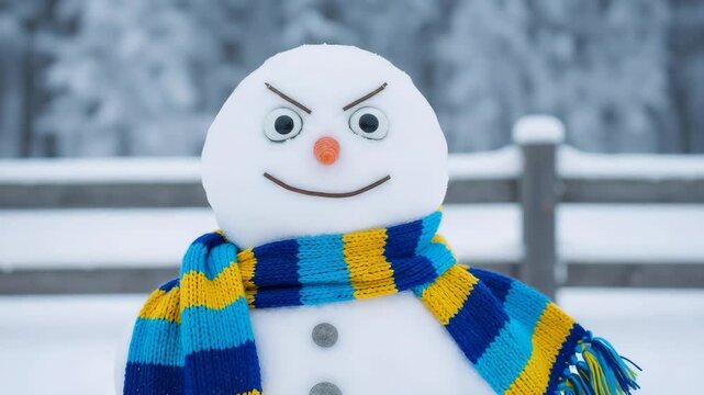 An angry snowman with a funny expression. Close-up of a winter character wearing a colorful scarf in a snowy landscape. Humorous holiday concept
