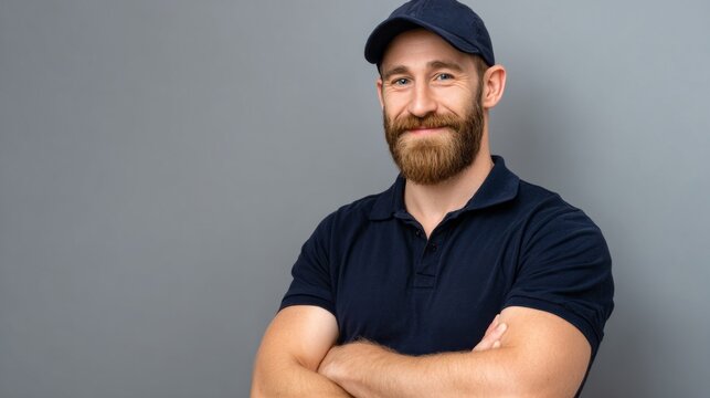 A bearded man dressed in a navy blue polo shirt and cap stands with his arms crossed, smiling confidently. He is situated against a plain gray background, exuding a friendly vibe