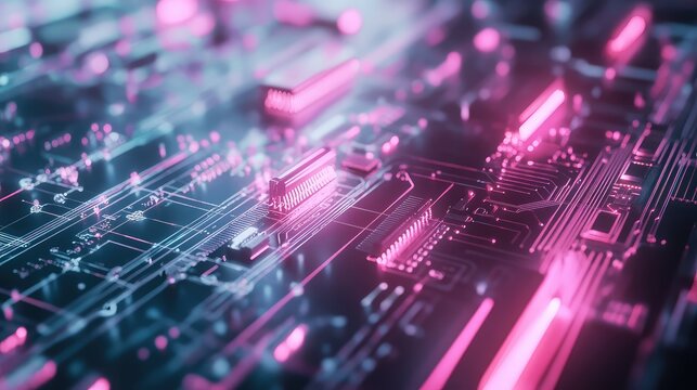Circuit board glowing with neon pink and blue electronic data - Powered by Adobe