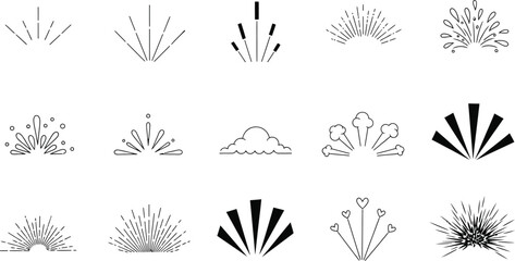 Collection of hand drawn abstract botanical elements and decorative floral motifs in black and white line art style