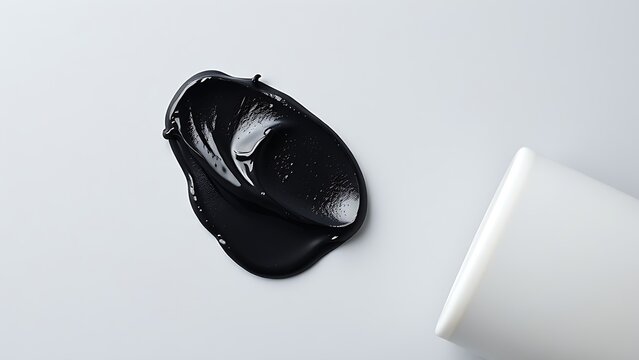 A black cosmetic mask on a gray surface, skincare product texture close-up.