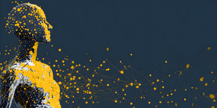 Futuristic human form with data network, digital avatar concept for AI, big data, biotechnology and modern science visualization, connection design