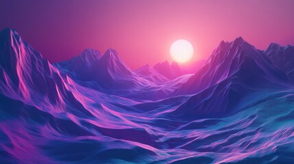 Abstract sci fi mountain landscape with neon sunset