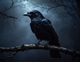 Mysterious black raven perched on bare branch against moody twilight sky with dramatic atmosphere