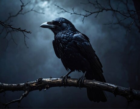 Mysterious black raven perched on bare branch against moody twilight sky with dramatic atmosphere