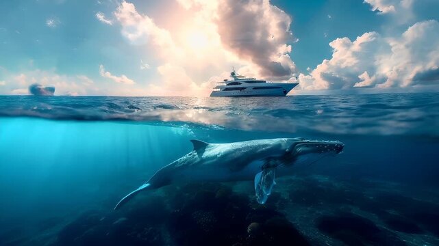 Aerial view of a blue whale swimming underwater with sunlight filtering through the waters surface, revealing a coral reef and a yacht in the background.