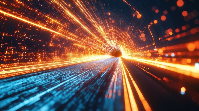 Digital data moving through a futuristic light tunnel