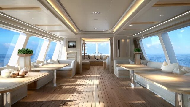 A rendering of a luxurious yachts interior. The main subject is the wooden deck and seating area, with a view of the ocean. The visual attributes include the polished wooden floor.