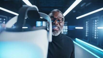 Man holding a VR headset in a futuristic setting. - Powered by Adobe