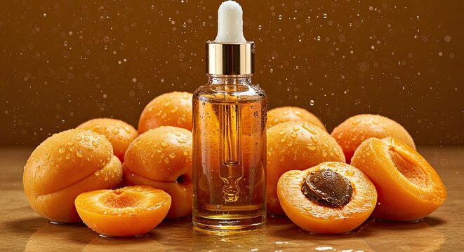 Apricot kernel oil bottle with fresh apricots demonstrating natural cosmetics benefits