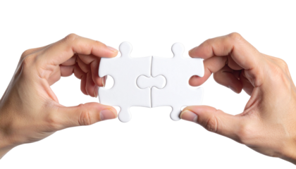 Hands Connecting White Puzzle Pieces Symbolizing Teamwork PNG