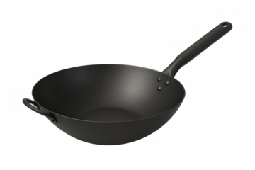 Black steel wok for stir-frying and asian cooking, kitchen utensil, flat bottom with long handle for home use