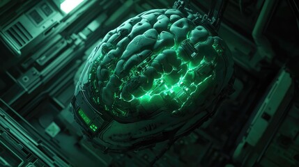 Artificial intelligence brain glowing in futuristic data center