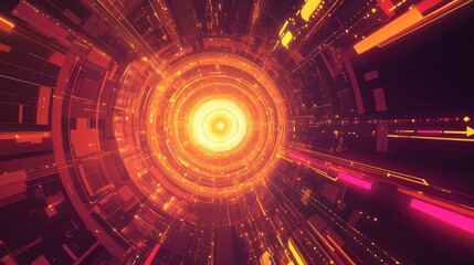 Digital data network connecting futuristic light tunnel