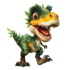 Fototapeta premium Playful baby T-Rex dinosaur with vibrant green leafy texture, wide curious eyes, and an open mouth roaring with excitement, perfect for children's books and fantasy.