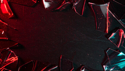 Broken glass shards with red lighting around dark background