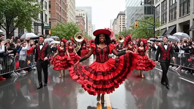 Parade performers in red costumes dancing on a rainy city street