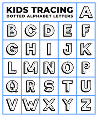 Outline Dotted Alphabet for Kids. Learning Letters, Tracing Worksheets, Educational Font.